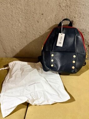 Hammitt Hunter Med Black Leather Mini Backpack with Red Zipper and Gold Studs